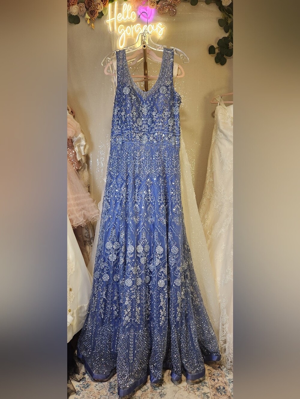 Stunning Luxe Periwinkle Sparkly Mirrored Anarkali Gown & Dupatta Set - Picture 5 of 13